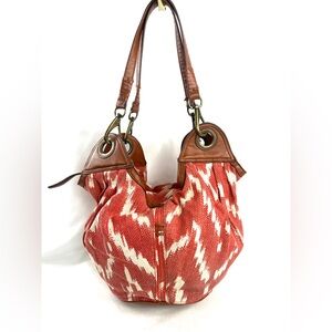 Lucky Brand Orange Cream Ikat Cotton Canvas Fabric Medium Shoulder Bag Charm